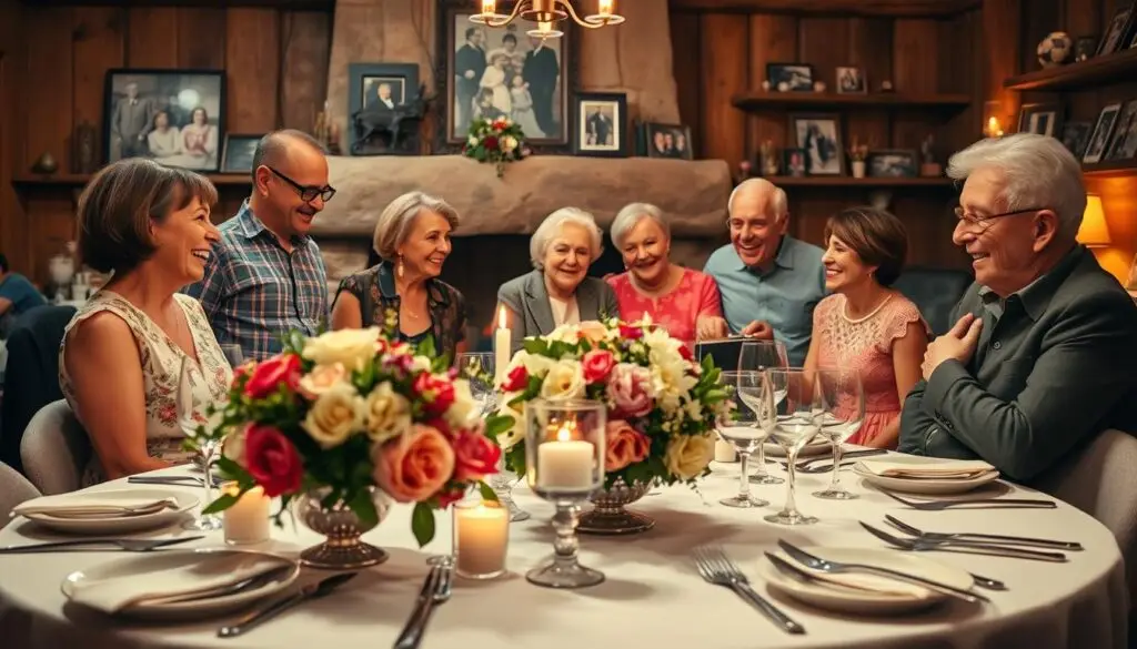 A vibrant celebration of a 70th wedding anniversary, set against the backdrop of a cozy, rustic interior. In the foreground, an elegant table is adorned with a lush floral centerpiece, fine china, and gleaming silverware. The middle ground features a group of joyful family members gathered around, engaged in lively conversation and laughter. Soft, warm lighting casts a gentle glow, creating an atmosphere of intimate togetherness. In the background, a fireplace crackles, and shelves display cherished family photographs and heirlooms, reflecting the rich history and traditions of this milestone celebration. Capture the essence of a "kamienne gody" - the dignity, wisdom, and enduring love that comes with 70 years of marriage. A vibrant celebration of a 70th wedding anniversary, set against the backdrop of a cozy, rustic interior. In the foreground, an elegant table is adorned with a lush floral centerpiece, fine china, and gleaming silverware. The middle ground features a group of joyful family members gathered around, engaged in lively conversation and laughter. Soft, warm lighting casts a gentle glow, creating an atmosphere of intimate togetherness. In the background, a fireplace crackles, and shelves display cherished family photographs and heirlooms, reflecting the rich history and traditions of this milestone celebration. Capture the essence of a "kamienne gody" - the dignity, wisdom, and enduring love that comes with 70 years of marriage.