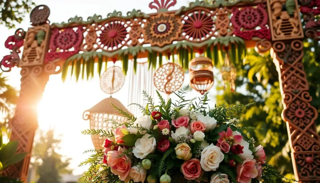 A vibrant, multicultural wedding arch stands tall, adorned with intricate patterns and symbols representing diverse cultural traditions. The foreground features an elegant floral arrangement, blending lush blooms and greenery in a harmonious color palette. The middle ground showcases carved wooden elements, woven textiles, and delicate metalwork, each piece evoking a distinct cultural heritage. In the background, a warm, golden light filters through, casting a soft, romantic glow and creating an inviting, dreamlike atmosphere. The overall composition exudes a sense of celebration, unity, and the blending of cultural inspirations, perfectly capturing the essence of a modern, yet culturally-infused wedding ceremony.