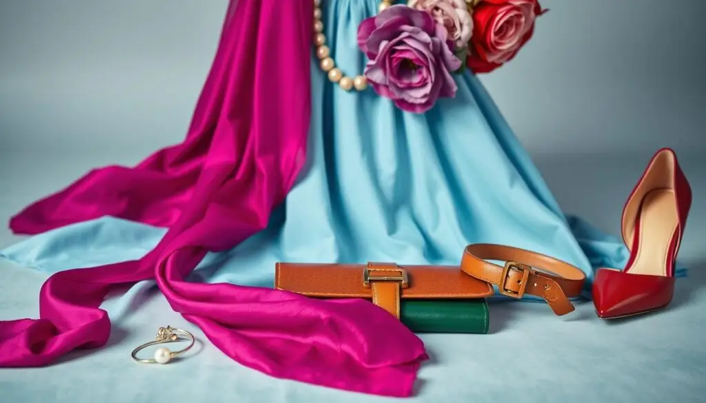 A vibrant still life arrangement of accessories in various hues complementing a soft blue dress. In the foreground, a silk scarf in a rich magenta cascades elegantly. Beside it, a delicate pair of pearl earrings and a gold-tone statement necklace. In the middle ground, a leather clutch in a deep emerald green and a leather belt in a warm camel tone. In the background, a pair of high-heeled pumps in a striking crimson red and a silky floral headpiece in a lovely lavender. Soft, diffused lighting illuminates the scene, creating a refined and sophisticated atmosphere perfect for a wedding guest ensemble.