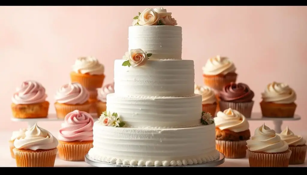 A wedding cake comparison featuring an array of delectable muffin cakes, delicately arranged against a soft, pastel backdrop. The muffin cakes, adorned with intricate swirls of buttercream frosting, stand tall and proud, their individual textures and flavors beckoning the viewer. In the foreground, the traditional tiered wedding cake, its pristine white fondant exterior complemented by delicate floral accents, sits in contrast to the more casual, playful muffin cakes. The lighting is soft and diffused, creating a dreamy, romantic atmosphere that highlights the textures and colors of the desserts. The composition is balanced, with the muffin cakes occupying the middle ground and the traditional cake in the foreground, inviting the viewer to consider the merits of both as potential wedding centerpieces. A wedding cake comparison featuring an array of delectable muffin cakes, delicately arranged against a soft, pastel backdrop. The muffin cakes, adorned with intricate swirls of buttercream frosting, stand tall and proud, their individual textures and flavors beckoning the viewer. In the foreground, the traditional tiered wedding cake, its pristine white fondant exterior complemented by delicate floral accents, sits in contrast to the more casual, playful muffin cakes. The lighting is soft and diffused, creating a dreamy, romantic atmosphere that highlights the textures and colors of the desserts. The composition is balanced, with the muffin cakes occupying the middle ground and the traditional cake in the foreground, inviting the viewer to consider the merits of both as potential wedding centerpieces.