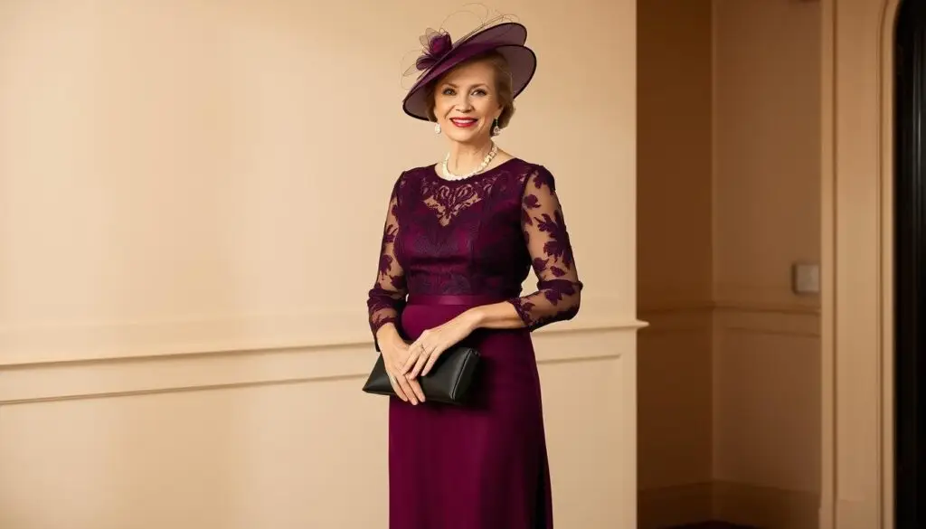 A well-dressed mother of the groom standing elegantly in a sophisticated formal attire, her posture exuding poise and grace. The luxurious midi-length dress in a rich jewel-toned color accentuates her figure, the delicate lace and embroidered details adding a touch of timeless elegance. Her accessories, such as a sleek clutch, statement jewelry, and a chic hat or fascinator, elevate the look to a refined, thoughtful ensemble. The lighting is soft and flattering, creating a warm, inviting atmosphere that captures the essence of a joyous wedding celebration. The overall impression is one of understated sophistication, striking the perfect balance between elegance and appropriateness for the mother of the groom's role.