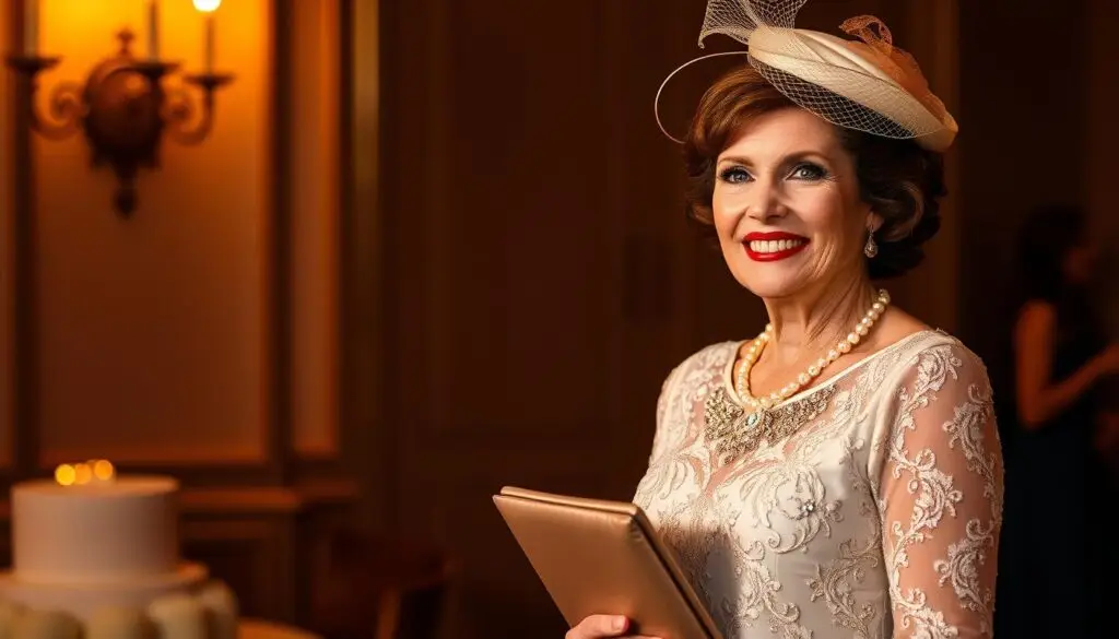 A well-dressed mother of the groom stands proudly, her elegant ensemble complementing the joyous wedding occasion. Her classy dress, adorned with delicate lace and shimmering embellishments, exudes sophistication. Accessorized with a chic fascinator, a string of pearls, and a tasteful clutch, she radiates confidence and timeless style. Warm, soft lighting illuminates the scene, creating a serene and celebratory atmosphere. The image captures the mother's excitement and pride as she embraces her son's special day, serving as a beautiful visual representation of the section on choosing the perfect accessories for the mother of the groom's wedding attire.