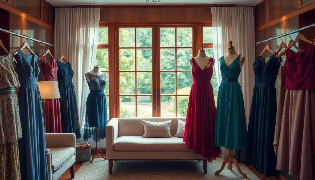 A well-lit, elegant dressing room setting featuring a collection of stylish wedding guest dresses for women over 50. The mid-century modern space has warm wood tones, soft lighting, and a plush sofa. In the foreground, an assortment of midi and knee-length dresses in various jewel-toned hues, lace, and chiffon fabrics, suitable for a formal wedding celebration. The dresses have a refined, classic aesthetic that flatters mature figures. In the background, a large window provides a picturesque view of a lush, green garden. The overall mood is one of timeless sophistication and style for the discerning, fashionable 50+ woman.