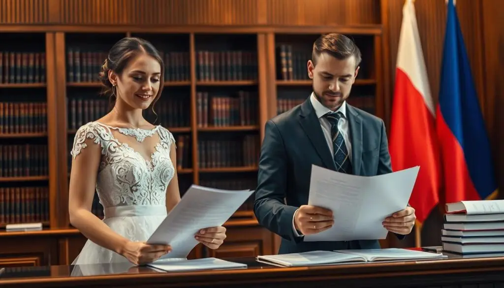 A well-lit interior, a couple standing before a government official's desk, engaged in formal paperwork and documentation. The bride, a young Ukrainian woman, dressed in a delicate lace gown, her features serene and hopeful. The groom, a Polish man, in a crisp suit, his expression serious as he reviews the documents. In the background, a richly-textured wooden bookshelf and the flags of Ukraine and Poland, signifying the union of their two cultures. The scene is imbued with a sense of anticipation and the gravity of the occasion, the warmth of the lighting creating a contemplative, yet celebratory atmosphere.