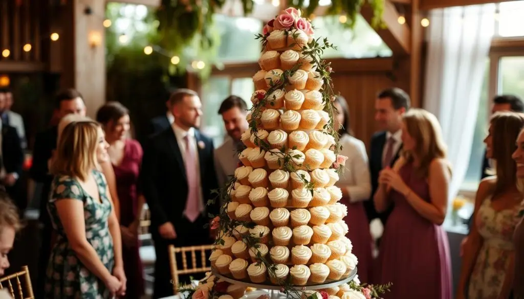 A whimsical, artfully-crafted cupcake tower stands as the centerpiece of a lush, rustic wedding reception. The delicate, pastel-hued frosting adorning each mini cake creates a visually stunning, tiered display. Cascading florals and greenery entwine around the arrangement, adding a natural, organic elegance. Warm, golden lighting casts a soft, romantic glow, heightening the inviting ambiance. Guests gather around, admiring the unique, modern take on the traditional wedding cake. The muffin-styled dessert serves as a delightful, nonconventional focal point, reflecting the couple's playful, trendsetting style. A whimsical, artfully-crafted cupcake tower stands as the centerpiece of a lush, rustic wedding reception. The delicate, pastel-hued frosting adorning each mini cake creates a visually stunning, tiered display. Cascading florals and greenery entwine around the arrangement, adding a natural, organic elegance. Warm, golden lighting casts a soft, romantic glow, heightening the inviting ambiance. Guests gather around, admiring the unique, modern take on the traditional wedding cake. The muffin-styled dessert serves as a delightful, nonconventional focal point, reflecting the couple's playful, trendsetting style.