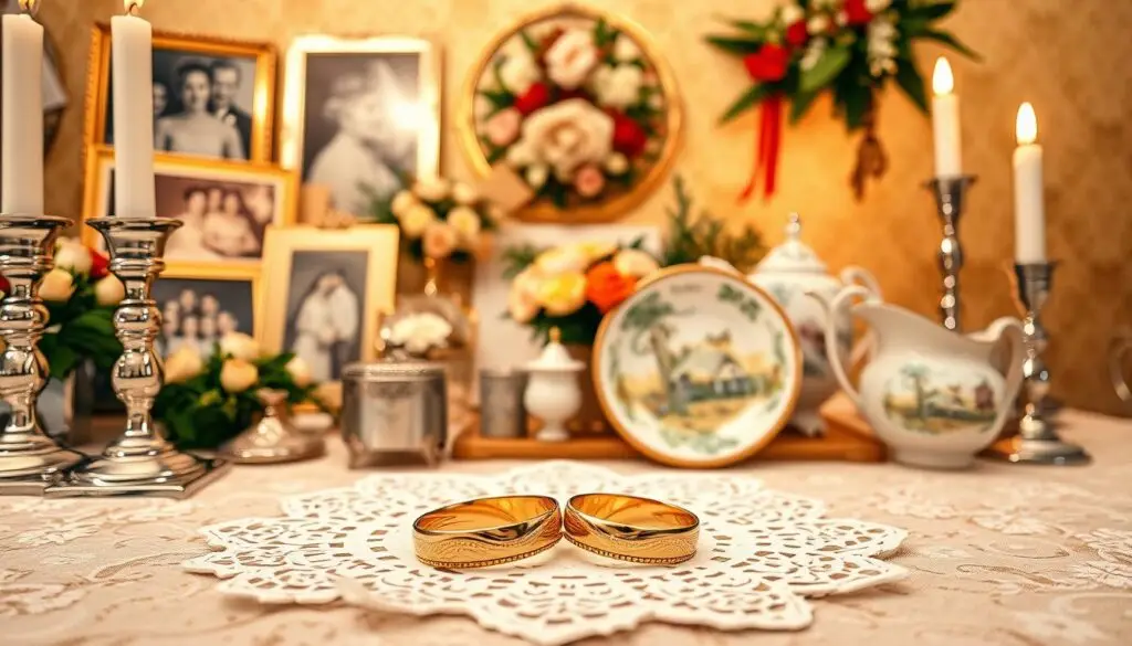 An elegant golden anniversary celebration, surrounded by cherished family heirlooms and ceremonial details. Soft, warm lighting illuminates a central display of wedding photos, floral arrangements, and traditional Polish decorations, capturing the essence of 50 years of shared traditions. In the foreground, a pair of intricately detailed golden wedding rings rests on a lace-trimmed doily, symbolizing the enduring bond. The middle ground features vignettes of polished silver candlesticks, a porcelain tea set, and a decorative plate showcasing a pastoral Polish folk art motif. The background softly fades into a golden-hued vintage wallpaper pattern, evoking a sense of timeless elegance and cherished memories. An elegant golden anniversary celebration, surrounded by cherished family heirlooms and ceremonial details. Soft, warm lighting illuminates a central display of wedding photos, floral arrangements, and traditional Polish decorations, capturing the essence of 50 years of shared traditions. In the foreground, a pair of intricately detailed golden wedding rings rests on a lace-trimmed doily, symbolizing the enduring bond. The middle ground features vignettes of polished silver candlesticks, a porcelain tea set, and a decorative plate showcasing a pastoral Polish folk art motif. The background softly fades into a golden-hued vintage wallpaper pattern, evoking a sense of timeless elegance and cherished memories.