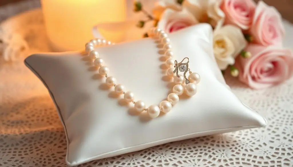 An elegant pearl necklace and matching earrings resting on a soft, white satin pillow. The jewelry is bathed in warm, diffused lighting, creating a sense of timeless luxury. In the background, a delicate lace pattern subtly hints at the 30th wedding anniversary theme, while a pastel floral arrangement adds a touch of romance. The composition emphasizes the precious nature of the gifts, inviting the viewer to imagine the sentimental significance they hold for the couple celebrating their enduring love. An elegant pearl necklace and matching earrings resting on a soft, white satin pillow. The jewelry is bathed in warm, diffused lighting, creating a sense of timeless luxury. In the background, a delicate lace pattern subtly hints at the 30th wedding anniversary theme, while a pastel floral arrangement adds a touch of romance. The composition emphasizes the precious nature of the gifts, inviting the viewer to imagine the sentimental significance they hold for the couple celebrating their enduring love.