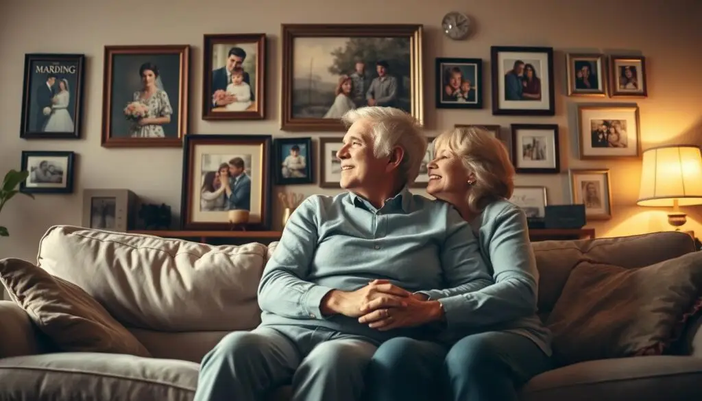 An intimate scene of a married couple's 30-year journey, bathed in soft, warm lighting. In the foreground, the husband and wife sit together on a plush, beige sofa, their hands intertwined, gazing lovingly into each other's eyes. The middle ground features framed photographs and mementos adorning the walls, capturing cherished moments from their lives together - a wedding portrait, family gatherings, and precious milestones. The background is a cozy, inviting living room, with muted, earthy tones and subtle textures that convey a sense of timelessness and contentment. The overall mood is one of deep connection, nostalgia, and the comfortable familiarity of a lifetime of shared experiences. An intimate scene of a married couple's 30-year journey, bathed in soft, warm lighting. In the foreground, the husband and wife sit together on a plush, beige sofa, their hands intertwined, gazing lovingly into each other's eyes. The middle ground features framed photographs and mementos adorning the walls, capturing cherished moments from their lives together - a wedding portrait, family gatherings, and precious milestones. The background is a cozy, inviting living room, with muted, earthy tones and subtle textures that convey a sense of timelessness and contentment. The overall mood is one of deep connection, nostalgia, and the comfortable familiarity of a lifetime of shared experiences.