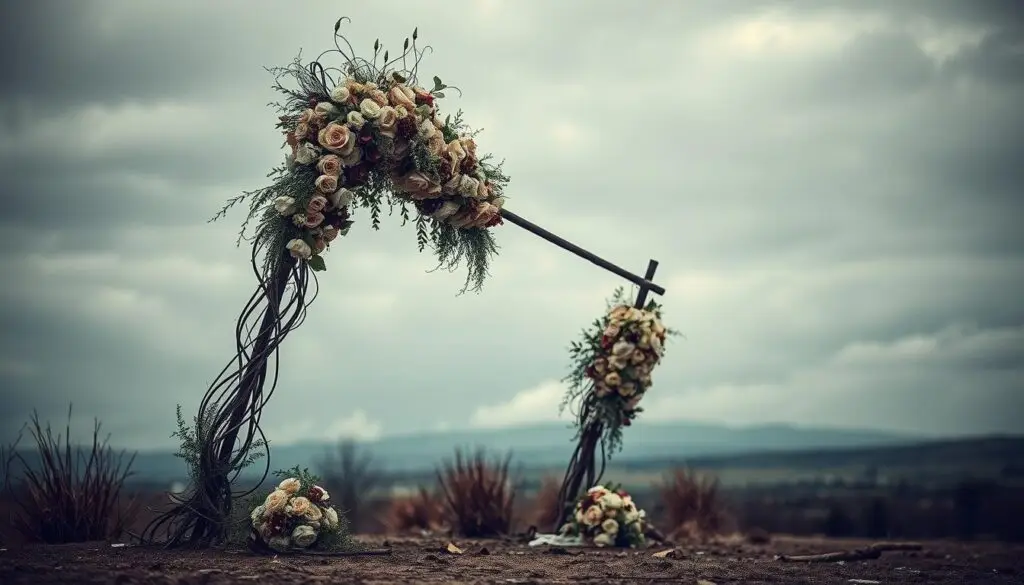 An ornate, intricately crafted wedding arch stands dilapidated, its once-pristine flowers wilting, the structure leaning precariously. The background is a blurred, dreary landscape, conveying a sense of disappointment and missed opportunities. Harsh shadows and muted colors create a somber, cautionary atmosphere, highlighting the importance of careful planning and attention to detail when constructing a wedding arch. The overall scene serves as a visual warning, cautioning viewers against the pitfalls of poorly executed wedding decor.