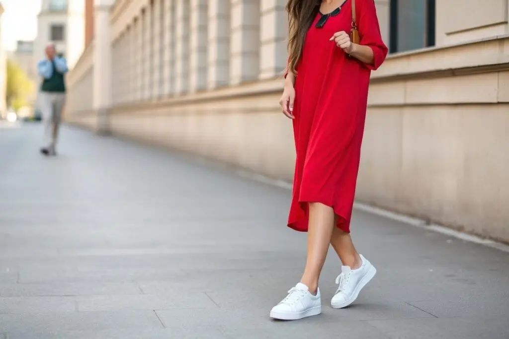 Casualowa czerwona sukienka z białymi sneakersami Casualowa czerwona sukienka z białymi sneakersami