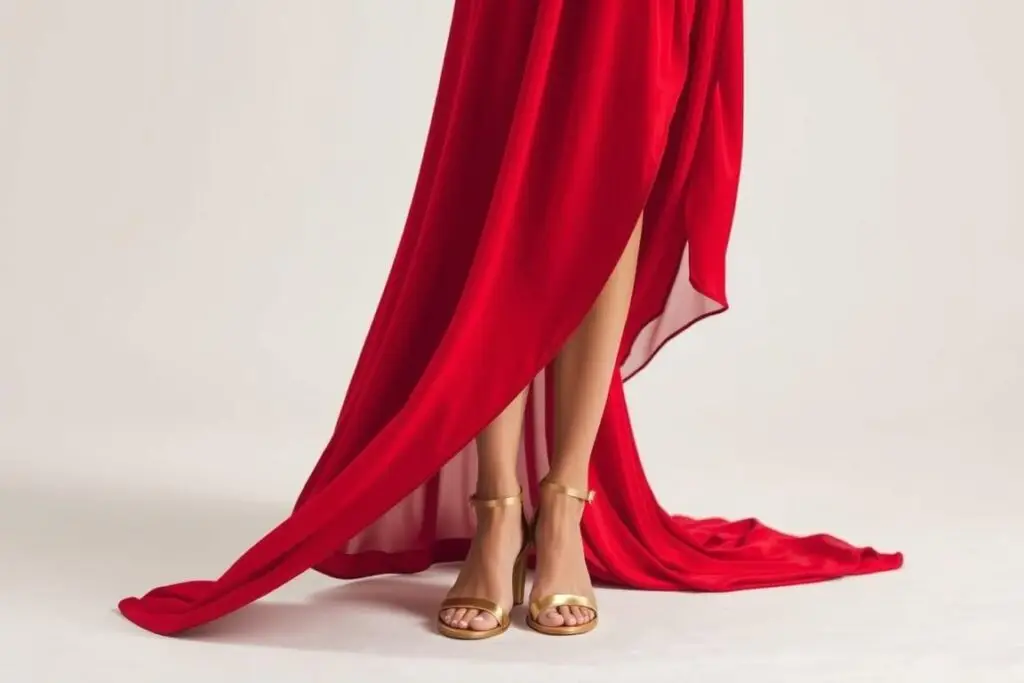 Czerwona sukienka maxi z eleganckimi złotymi sandałami Czerwona sukienka maxi z eleganckimi złotymi sandałami