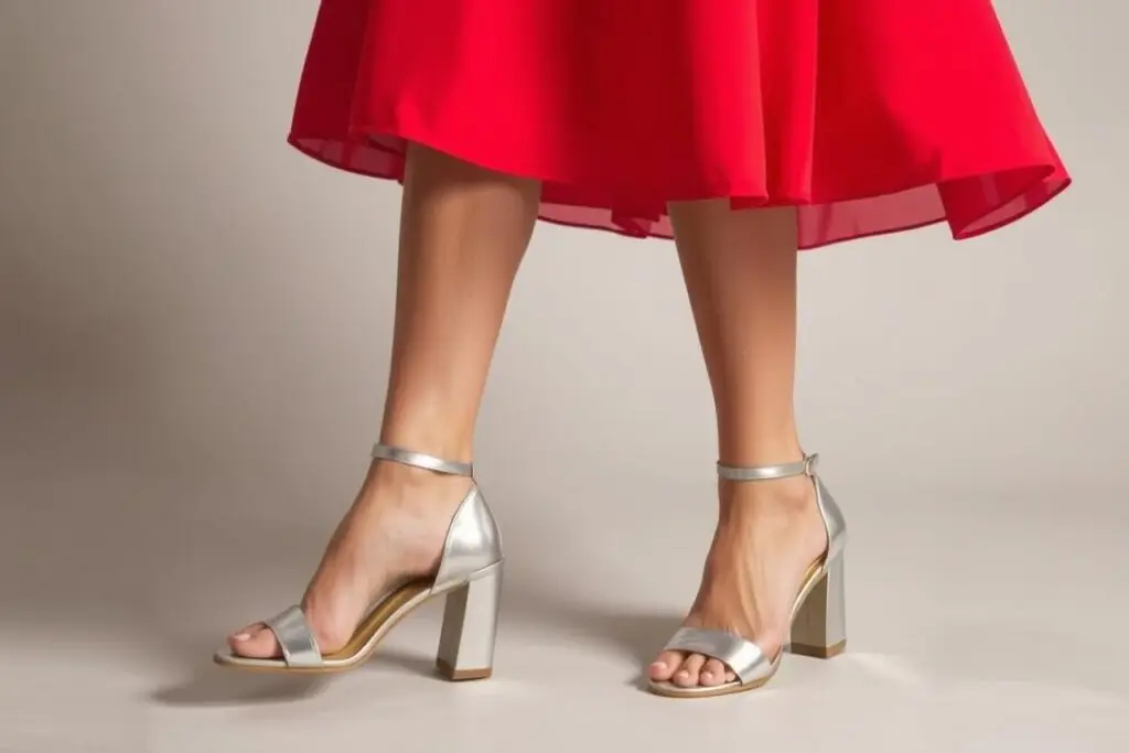 Czerwona sukienka na wesele z eleganckimi srebrnymi sandałami na słupku Czerwona sukienka na wesele z eleganckimi srebrnymi sandałami na słupku