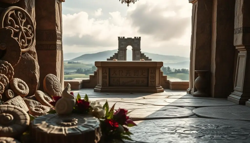 Detailed stone decorations adorning a ceremonial wedding scene. In the foreground, an array of carved stone motifs and symbols - Celtic knots, ammonite fossils, and weathered rock textures. The middle ground features a grand stone arch or mantelpiece, its surface etched with ancient hieroglyphs and runes. Soft, diffused lighting casts dramatic shadows, creating a sense of timeless, mystical ambiance. The background is a serene, misty landscape of rolling hills and a distant stone castle or monument. The overall composition evokes a solemn, reverent atmosphere befitting a significant anniversary celebration. Detailed stone decorations adorning a ceremonial wedding scene. In the foreground, an array of carved stone motifs and symbols - Celtic knots, ammonite fossils, and weathered rock textures. The middle ground features a grand stone arch or mantelpiece, its surface etched with ancient hieroglyphs and runes. Soft, diffused lighting casts dramatic shadows, creating a sense of timeless, mystical ambiance. The background is a serene, misty landscape of rolling hills and a distant stone castle or monument. The overall composition evokes a solemn, reverent atmosphere befitting a significant anniversary celebration.