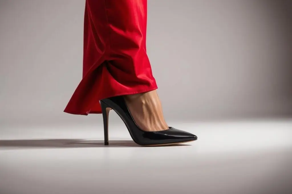 Elegancka czerwona sukienka koktajlowa z czarnymi lakierowanymi szpilkami Elegancka czerwona sukienka koktajlowa z czarnymi lakierowanymi szpilkami