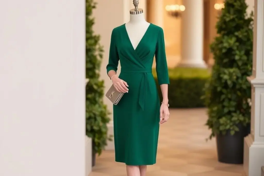 Elegancka sukienka na wesele dla 40-latki w kolorze butelkowej zieleni Elegancka sukienka na wesele dla 40-latki w kolorze butelkowej zieleni