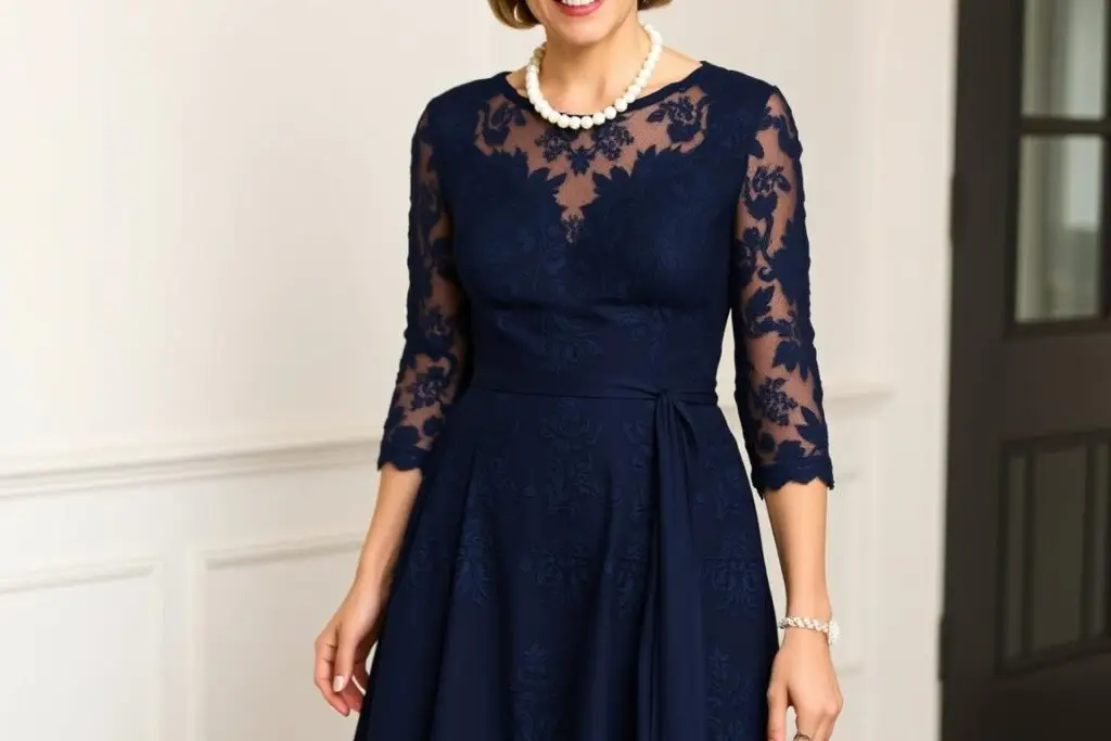 Elegancka sukienka na wesele dla 50-latki w kolorze granatowym z koronkowymi elementami Elegancka sukienka na wesele dla 50-latki w kolorze granatowym z koronkowymi elementami