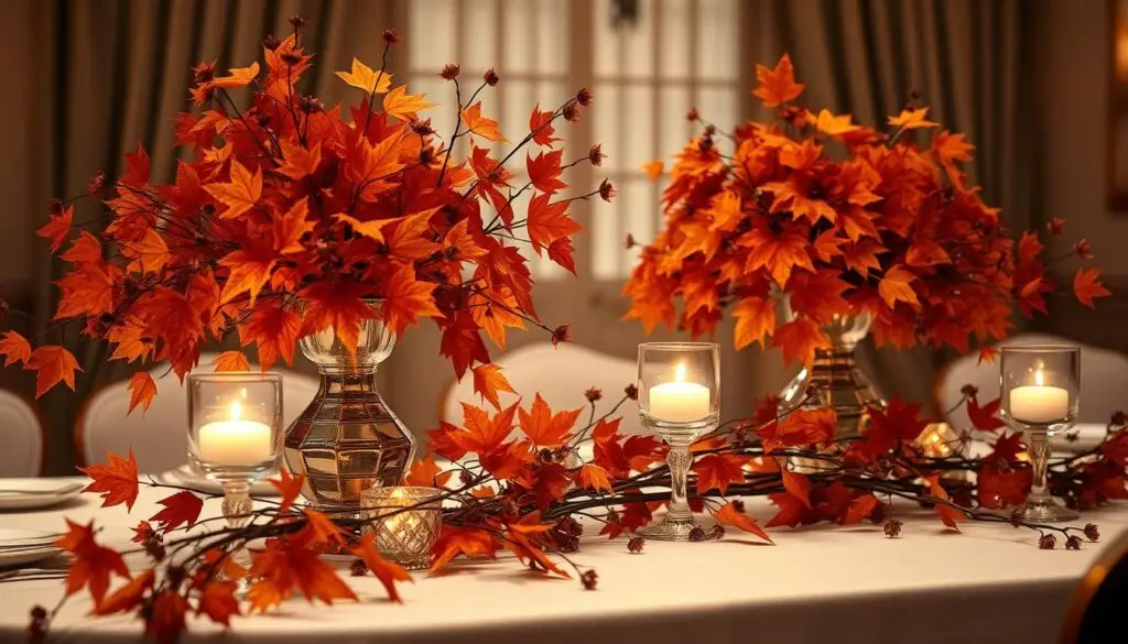 Elegant 17th wedding anniversary decorations featuring lush maple leaves in a warm, autumnal palette. Centerpieces of burnished orange and deep burgundy maple foliage, accented with touches of gold and copper. Soft, diffused lighting casts a cozy, romantic glow over the scene. Maple twigs and sprigs cascade down the tabletop, creating a natural, organic tablescape. A subtle shimmer of ametyst crystals adds a touch of luxury. The overall atmosphere evokes a sense of timeless elegance and deep, abiding love. Elegant 17th wedding anniversary decorations featuring lush maple leaves in a warm, autumnal palette. Centerpieces of burnished orange and deep burgundy maple foliage, accented with touches of gold and copper. Soft, diffused lighting casts a cozy, romantic glow over the scene. Maple twigs and sprigs cascade down the tabletop, creating a natural, organic tablescape. A subtle shimmer of ametyst crystals adds a touch of luxury. The overall atmosphere evokes a sense of timeless elegance and deep, abiding love.