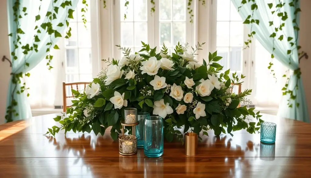 Elegant 18th anniversary decorations for a turquoise wedding celebration. A sophisticated centerpiece of lush green foliage, white flowers, and shimmering turquoise accents sits atop a polished wooden table. Delicate turquoise glass vases, candles, and metallic accents create a warm, intimate ambiance. Trailing vines and wispy fabric drapes frame the scene, casting soft shadows. The lighting is natural, filtering in through large windows and casting a serene, ethereal glow. The overall atmosphere is one of timeless elegance, capturing the beauty and tranquility of the couple's enduring love. Elegant 18th anniversary decorations for a turquoise wedding celebration. A sophisticated centerpiece of lush green foliage, white flowers, and shimmering turquoise accents sits atop a polished wooden table. Delicate turquoise glass vases, candles, and metallic accents create a warm, intimate ambiance. Trailing vines and wispy fabric drapes frame the scene, casting soft shadows. The lighting is natural, filtering in through large windows and casting a serene, ethereal glow. The overall atmosphere is one of timeless elegance, capturing the beauty and tranquility of the couple's enduring love.