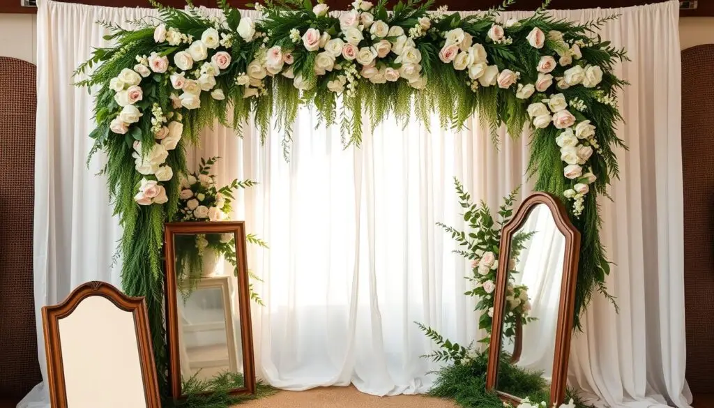 Elegant wedding backdrop with lush floral arrangements, delicate textures, and soft lighting. Romantic arch draped in cascading greenery and blooms in a pastel color palette. Wooden frames or vintage mirrors in the foreground, creating a cohesive yet versatile scene for wedding photos. Gentle sunlight filters through sheer fabric, casting a warm, ethereal glow. Rustic elements like rough-hewn wood, woven textures, and subtle metallic accents complement the overall aesthetic. The overall mood is serene, elegant, and celebration-ready.