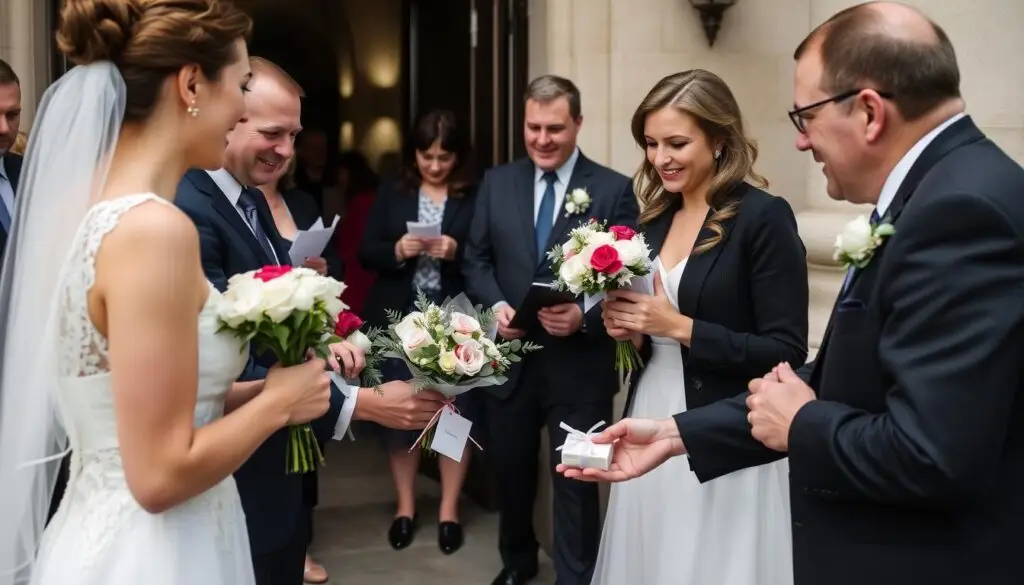 Goście wręczający kwiaty i drobne upominki po ceremonii ślubnej