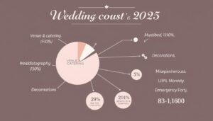 Infografika przedstawiająca procentowy podział kosztów wesela w 2025 roku