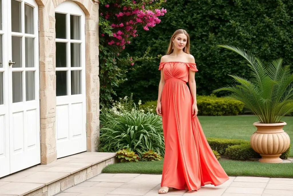 Letnia sukienka maxi na wesele z odkrytymi ramionami w koralowym kolorze Letnia sukienka maxi na wesele z odkrytymi ramionami w koralowym kolorze