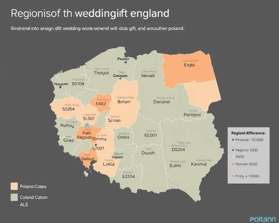 Mapa Polski z zaznaczonymi regionalnymi różnicami w kwotach na wesele