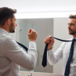 Mężczyzna przygotowujący się do wiązania krawata przed lustrem