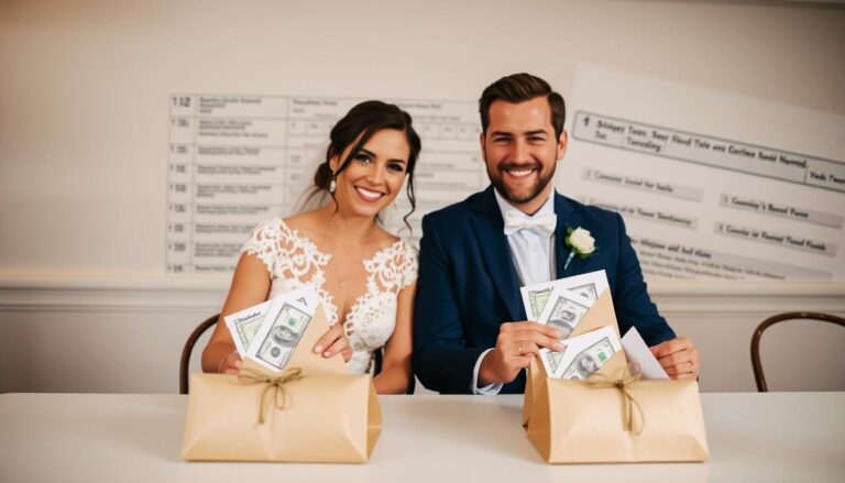 Para młoda z kopertami zawierającymi pieniądze z wesela a podatek