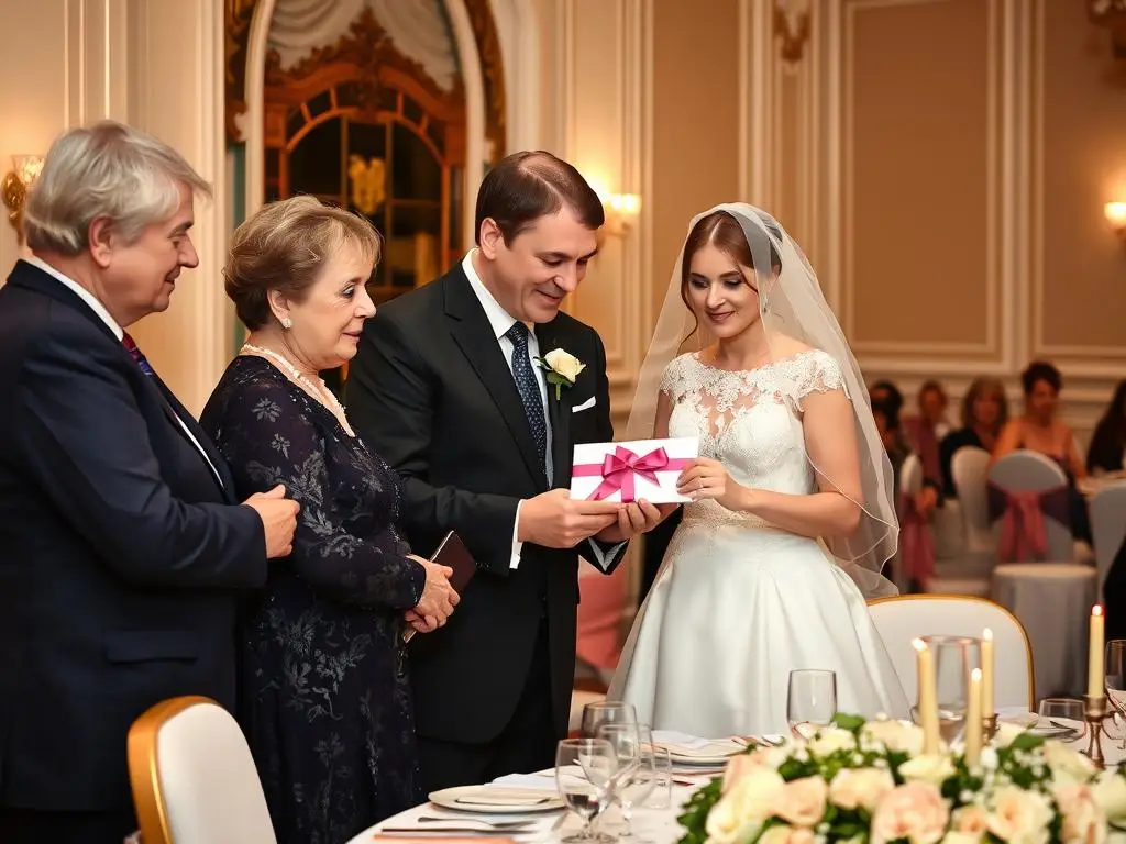 Rodzice wręczający prezent ślubny młodej parze podczas wesela