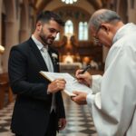 Świadek podpisujący dokumenty ślubne w kościele katolickim