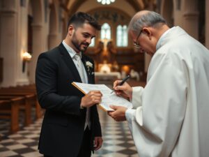 Świadek podpisujący dokumenty ślubne w kościele katolickim