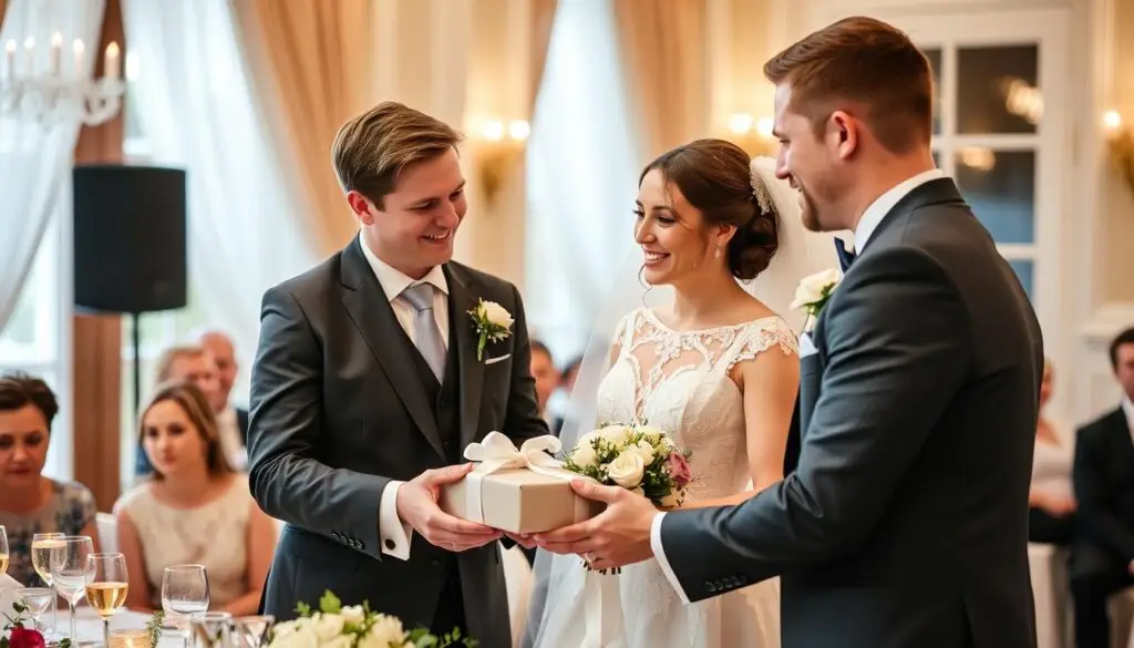 Świadkowie wręczający prezent parze młodej podczas wesela