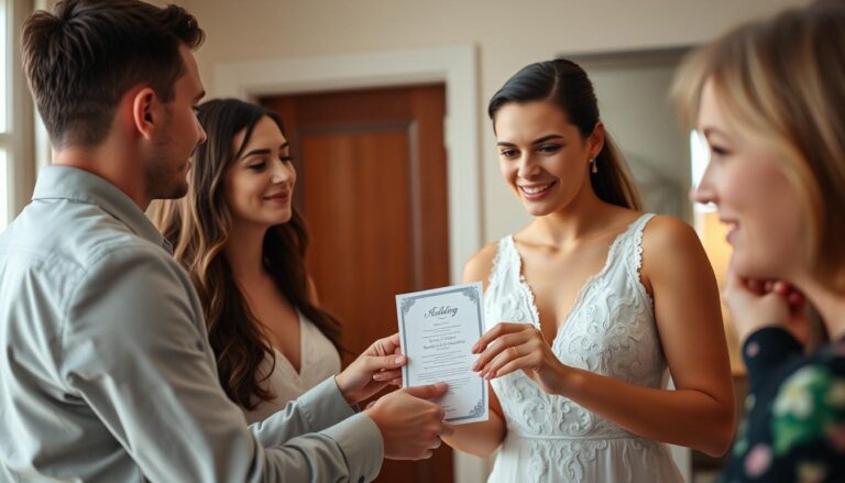 Para młoda wręczająca zaproszenie na wesele gościowi, który wygląda na zakłopotanego - jak odmówić przyjścia na wesele