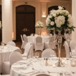 Elegancka sala weselna w Warszawie z stołami nakrytymi, dekoracjami i oświetleniem