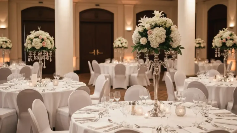 Elegancka sala weselna w Warszawie z stołami nakrytymi, dekoracjami i oświetleniem