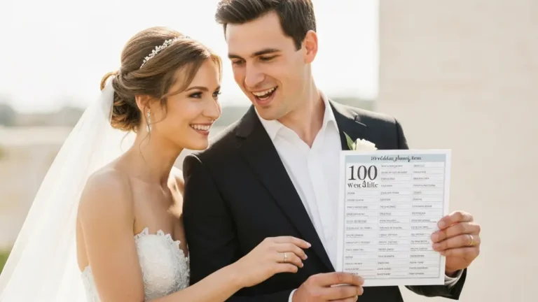 Panna młoda i pan młody uśmiechają się, trzymając checklist ślubny z 100 punktami