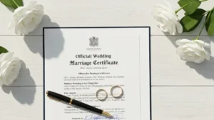 Kompletna lista dokumentów do ślubu kościelnego rozłożona na stole z obrączkami i kwiatami
