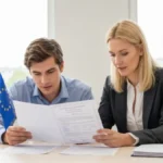 Para młoda czytająca dokumenty ślubne z dokumentem apostille, na tle biura z flagami krajów europejskich