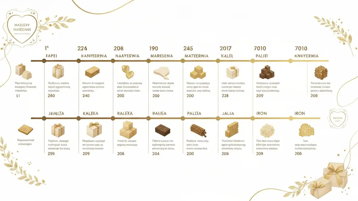 Kompletny słownik gód małżeńskich - nazwy rocznic od papierowej do diamentowej z symboliką materiałów