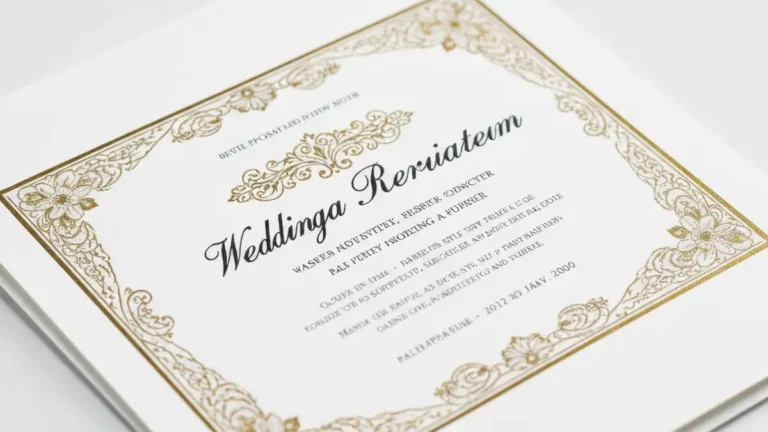 Eleganckie zaproszenie ślubne z napisem i dekoracjami, leżące na białym tle