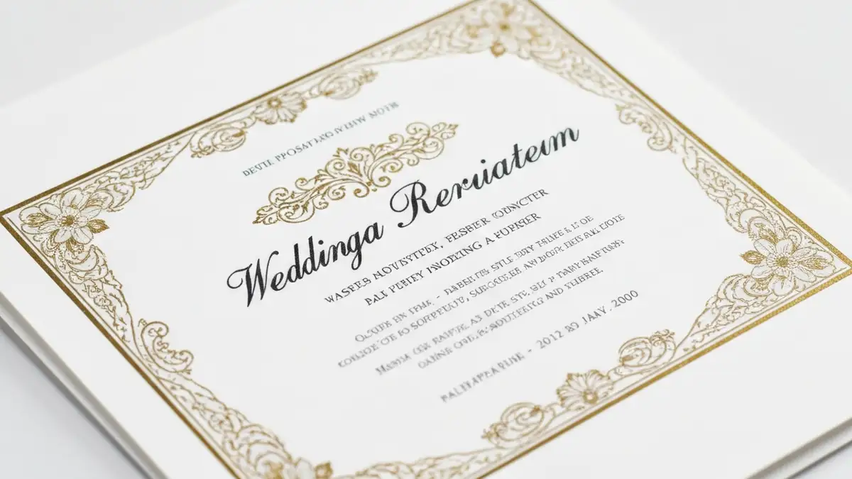 Eleganckie zaproszenie ślubne z napisem i dekoracjami, leżące na białym tle