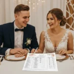 Para młoda w eleganckim stroju siedzi przy stole weselnym, otoczona dekoracjami, liczy budżet na weselu