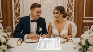 Para młoda w eleganckim stroju siedzi przy stole weselnym, otoczona dekoracjami, liczy budżet na weselu