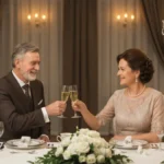 Para świętująca jubileusz ślubu przy dekorowanym stole z kwiatami i świecami, toast z szampaniem