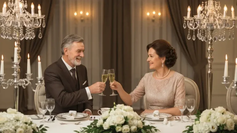 Para świętująca jubileusz ślubu przy dekorowanym stole z kwiatami i świecami, toast z szampaniem