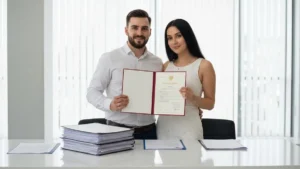 Para młodych na ślubem z aktówką ślubną, przygotowująca dokumenty do wymiany