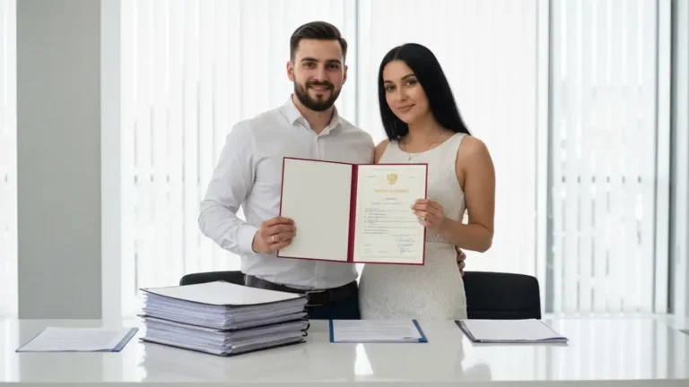 Para młodych na ślubem z aktówką ślubną, przygotowująca dokumenty do wymiany