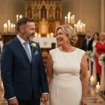 Para w średnim wieku odnawia przysięgę małżeńską w kościele, w eleganckich strojach, otoczona rodziną i gośćmi, z białymi i złotymi dekoracjami