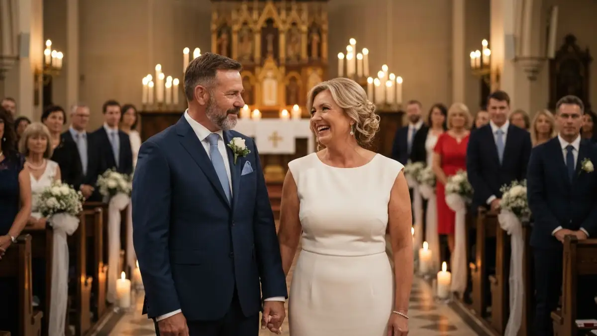 Para w średnim wieku odnawia przysięgę małżeńską w kościele, w eleganckich strojach, otoczona rodziną i gośćmi, z białymi i złotymi dekoracjami